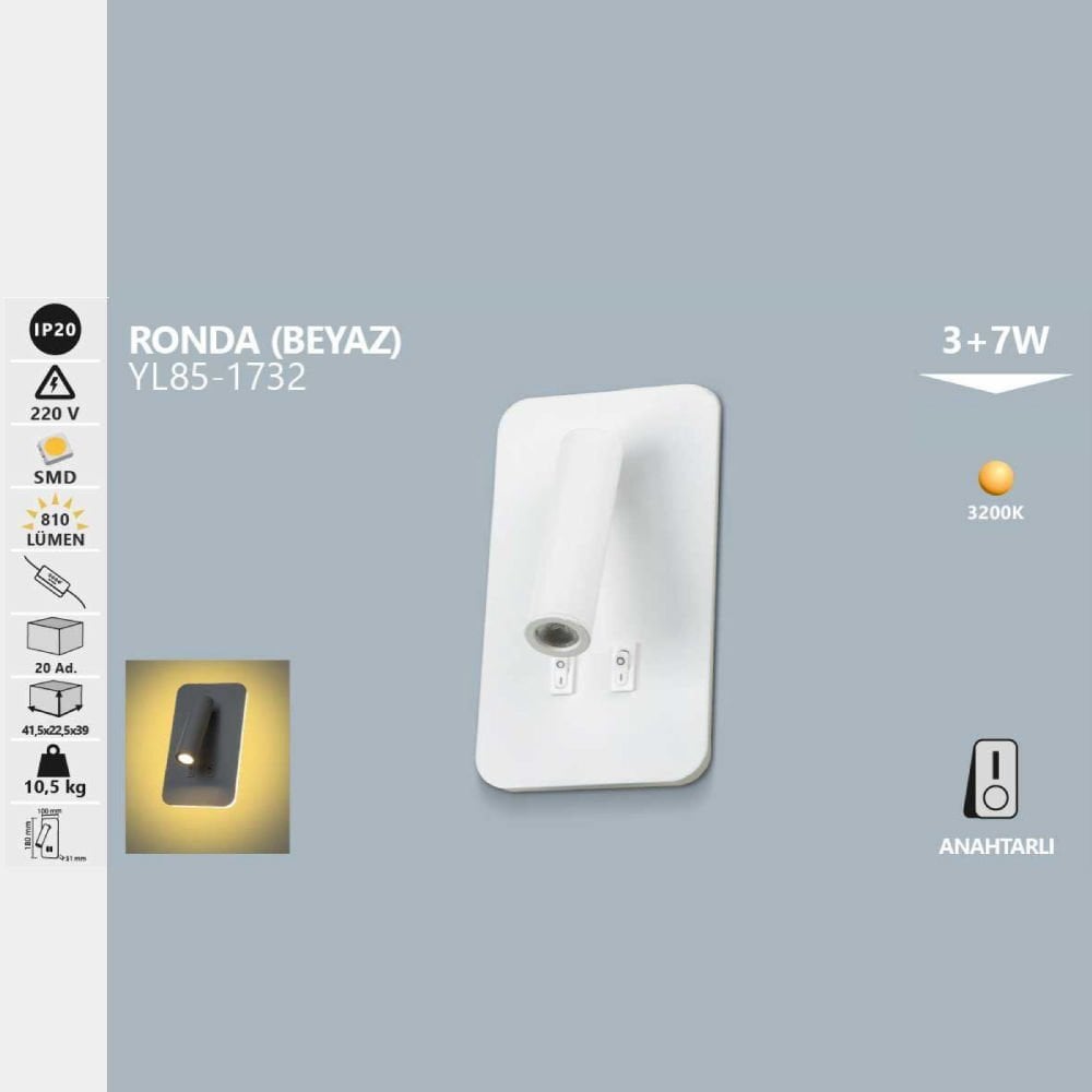 3+7W Beyaz Kasa Gün Işığı - Ronda LED Dekoratif Aplik