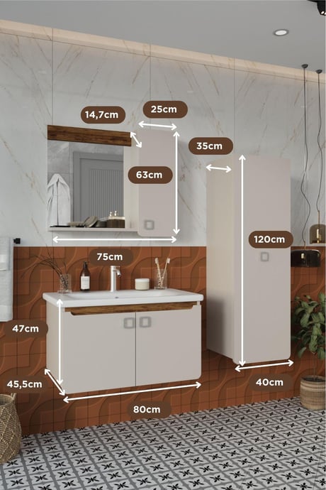 Banyo SEVGI80 cm Banyo Dolabı Aynalı Dolaplı Üst Dolap Lavabo