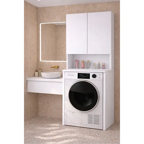 Çamaşır Makinesi Dolabı 3 Raflı Kapaklı Banyo Dolabı Beyaz %100 MDF