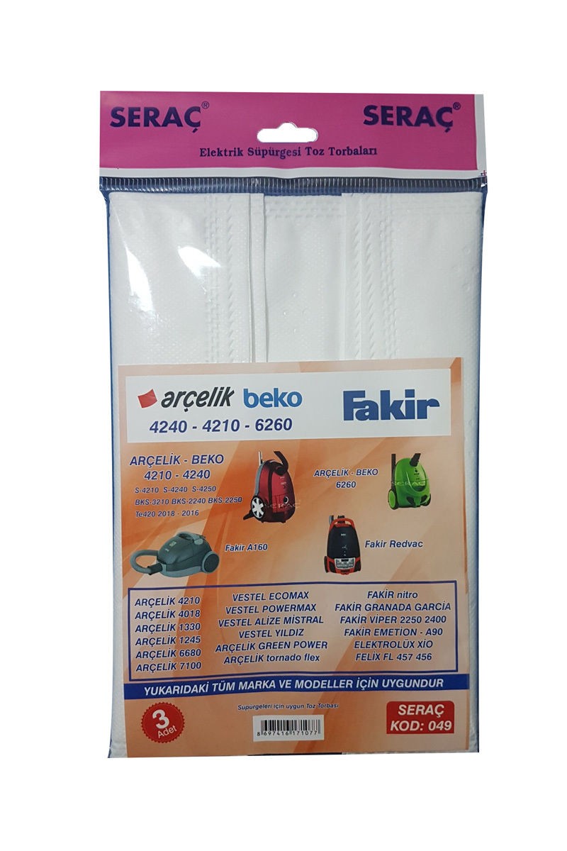 SERAC ELEKTRIK SUPURGESI TOZ TORBASI 3 LU ARCELIK/BEKO/FAKIR/ARZUM 049