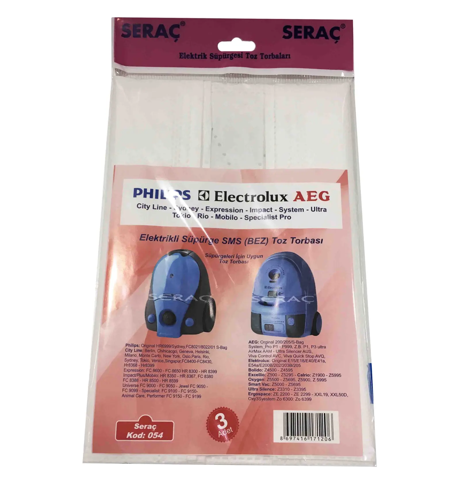 SERAC ELEKTRIK SUPURGESI TOZ TORBASI 3 LU PHILIPS/SYDNEY/ELECTROLUX/AEG 054