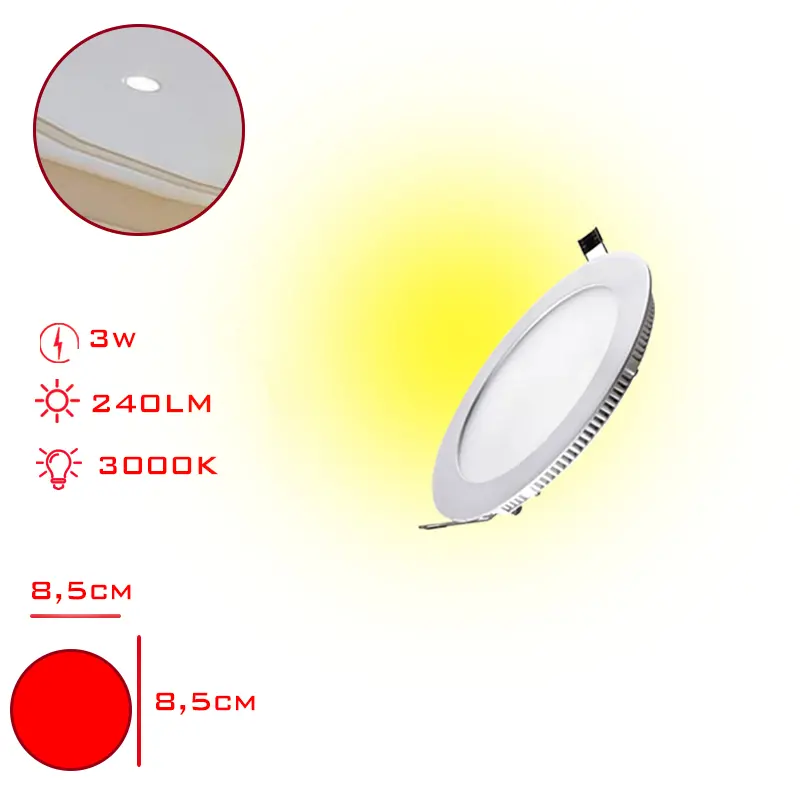 LED PANEL YUVARLAK SLIM SIVA ALTI 3W SARI ISIK 8,5 CM LV-3089 / 3