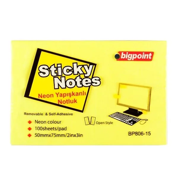 Yapışkan Not Kağıdı 50X75 Bigpoint Bp806-15 Fosforlu Sarı