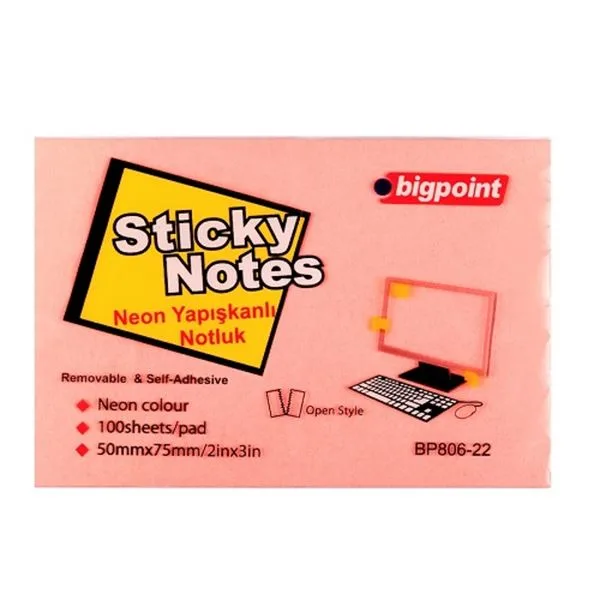 Yapışkan Not Kağıdı 50X75 Bigpoint Bp806-22 Fosforlu Pembe