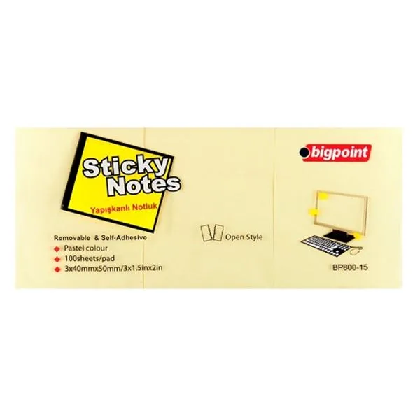 Yapışkan Not Kağıdı 50X40 Bigpoint Bp800-15 Sarı 3 Lü