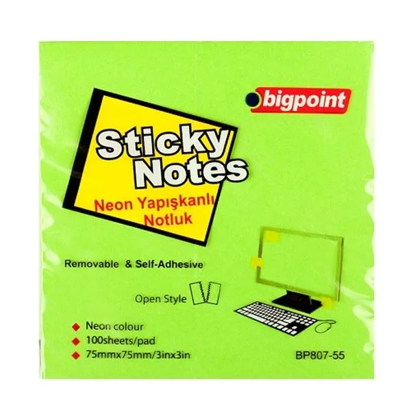 Yapışkan Not Kağıdı 75X75 Bigpoint Bp807-55 Fosforlu Yeşil