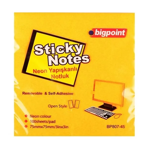 Yapışkan Not Kağıdı 75X75 Bigpoint Bp807-45 Fosforlu Turuncu