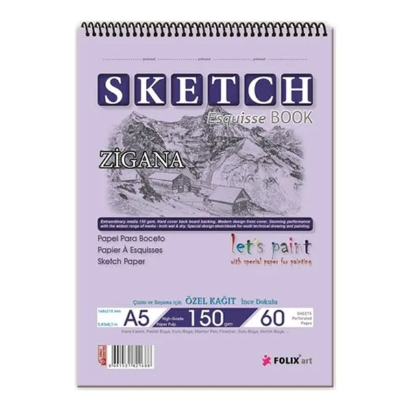 Resim Defteri A5 Üstten Spiralli Folıx Art Zigana 821688 Sketch 150 Gr 60 Yp