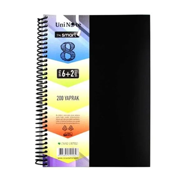 Spiralli Defter A4 Çınar Uninote 62058 Pp Kapak 6+2 Konulu Kareli+Çizgili 200 Yp