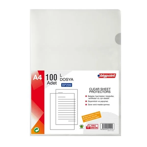 Poşet Dosya Plastik Bigpoint Bp299 A4 L Şeffaf 2 Yanı Açık