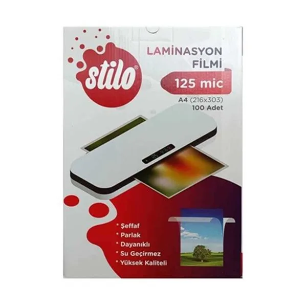 Laminasyon Film Sıcak A4 Stilo Parlak 125 Mic. 100 Lü