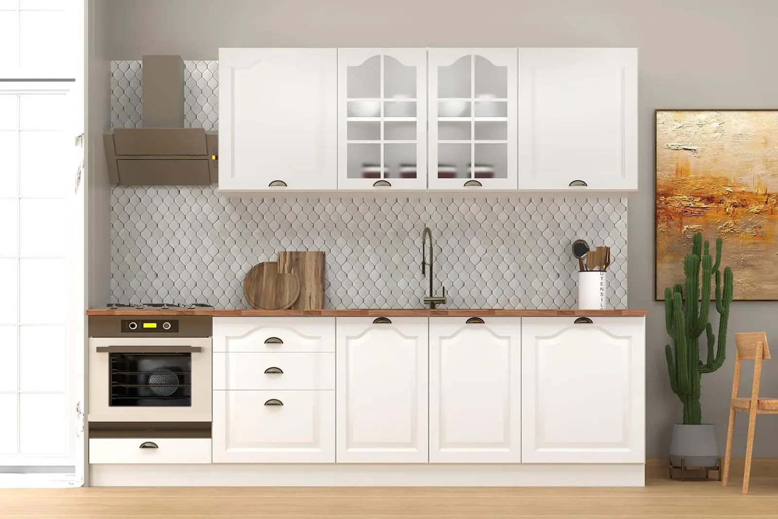 270 cm Greena White Tezgahlı %100 MDF Hazır Mutfak Dolabı