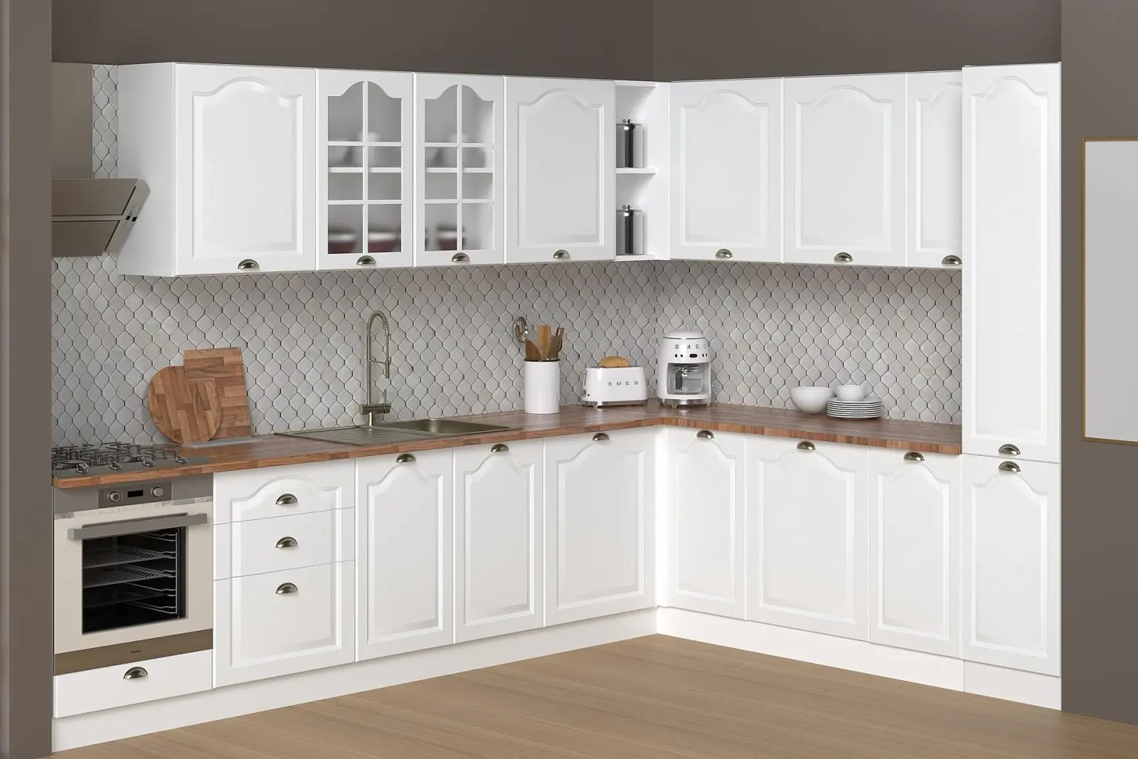 270 cm Greena White %100 MDF Mutfak + 200 cm Köşe + 40 cm Boy Dolabı