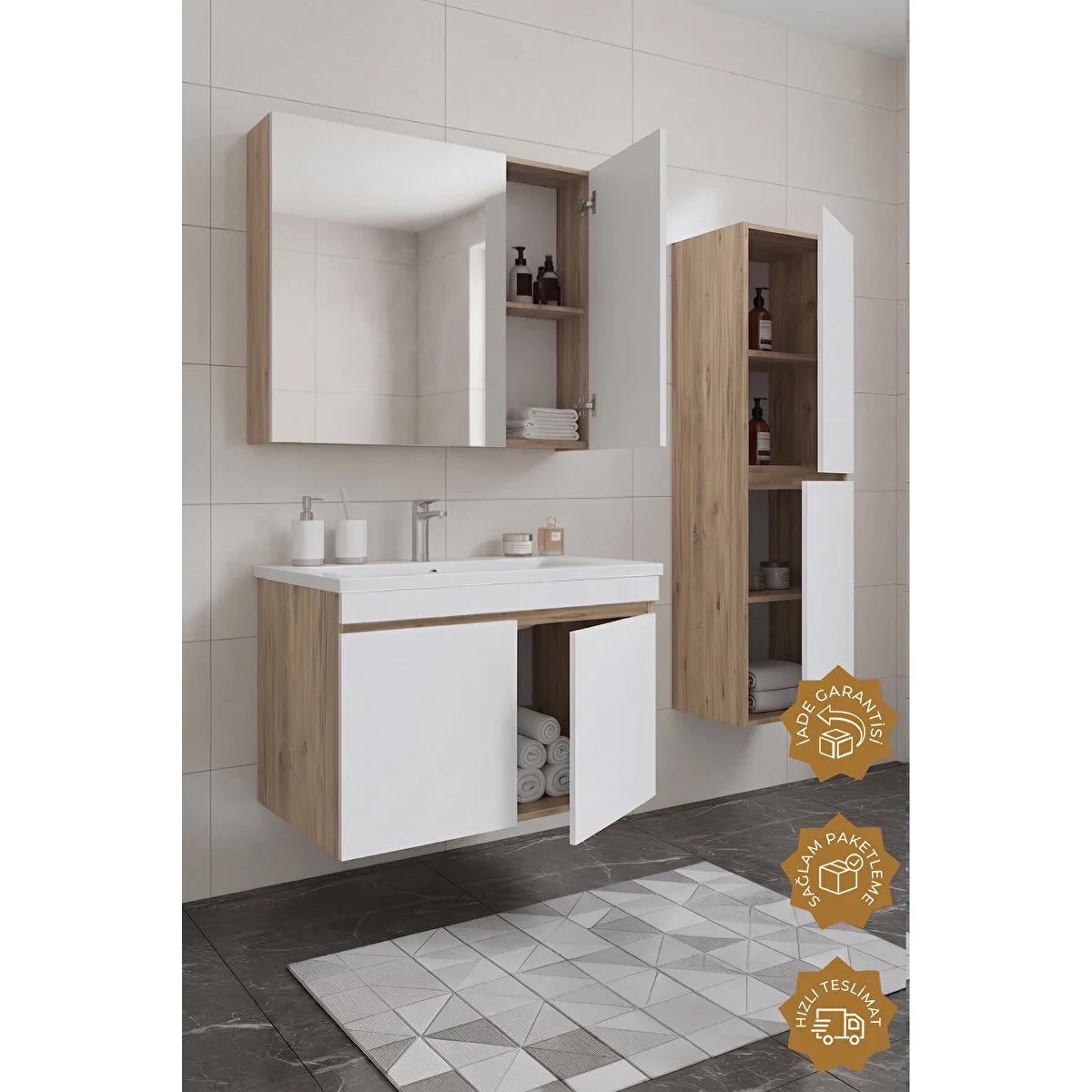 sahane 80 cm MDF Banyo Dolabı Seti ve Boy Dolabı - Atlantik Çam / Beyaz