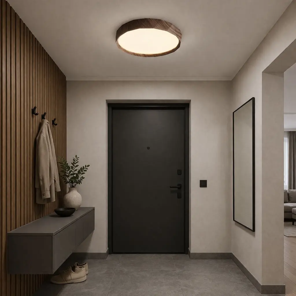 Antik Burma 26'Lık Koyu Ceviz Ahşap Desenli Plafonyer 3 Renk Ledli Hol Antre Koridor Banyo Balkon Avizesi Ledli Avize Armatür - Çap 26 cm