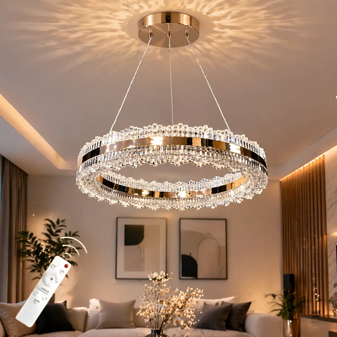 Asalet Lüks Gold Kaplamalı Çift Yönlü Aydınlatmalı Kumandalı Dimmerli 3 Renk Ledli Avize LED Avize- Çap 40 cm