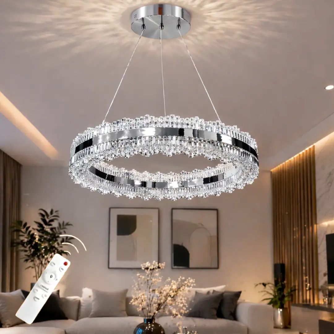 Asalet Lüks Krom Kaplamalı Çift Yönlü Aydınlatmalı Kumandalı Dimmerli 3 Renk Ledli Avize LED Avize- Çap 40 cm