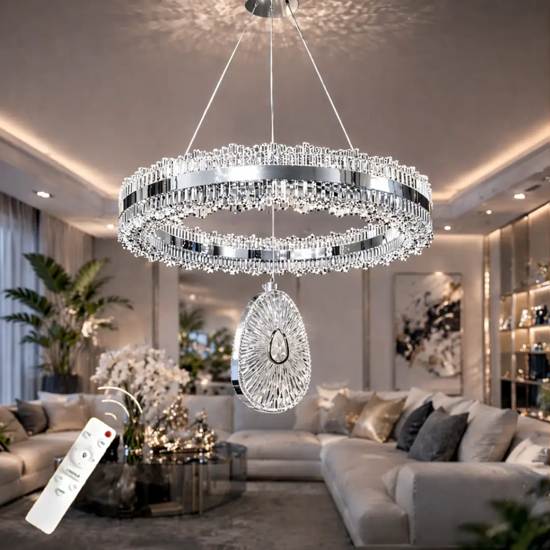 İhtişam Lüks Krom Kaplamalı Çift Yönlü Aydınlatmalı Kumandalı Dimmerli 3 Renk Ledli Avize LED Avize- Çap 40 cm