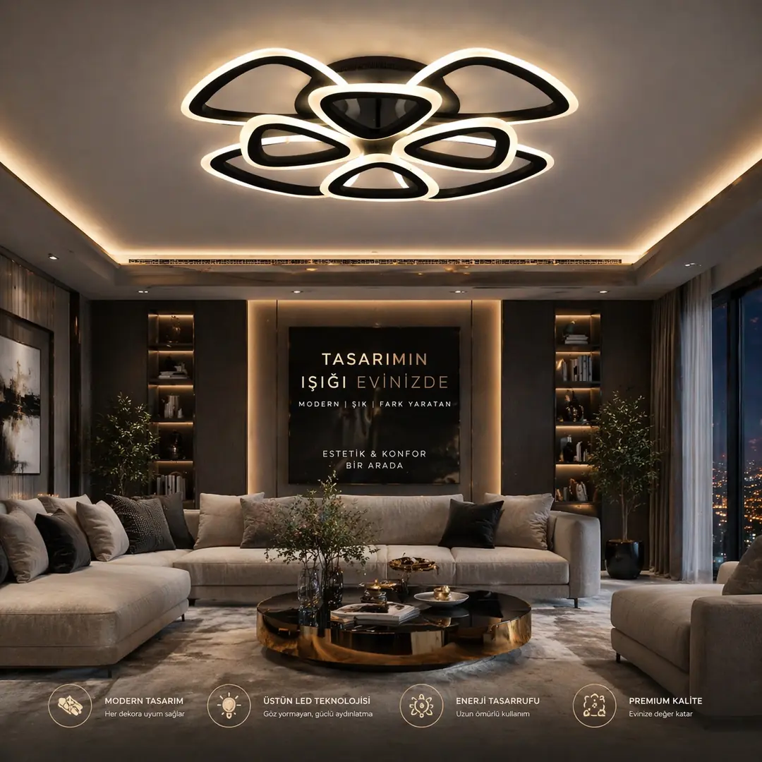 MS39005-4+4 Modern 3 Renk Ledli Mimari Tasarım Siyah Plafonyer Lüks Modern 8'Lİ Ledli Avize