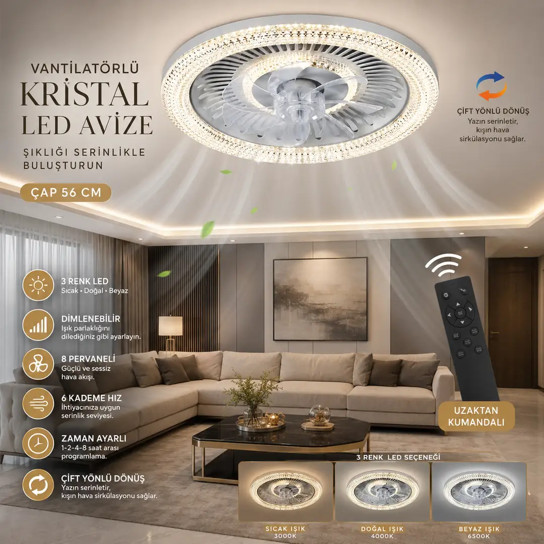 Ossa Yeni Premium Serisi Vantilatörlü Kristal Ledli Avize Uzaktan Kumandalı Ledli Tavan Vantilatörü Bakır Motorlu