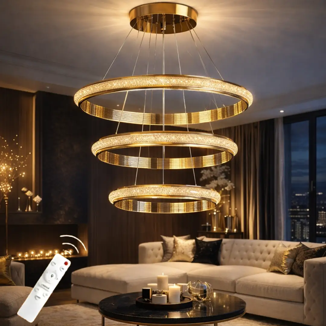 Ottoman Premium Lüks Cristalya Serisi Orjinal Gold Kaplamalı Premium Kalın Çizgili Kasalı Kumandalı Dimmerli 3 Renk Ledli Sarkıt Ledli Avize LED Avize-Çap 50 cm