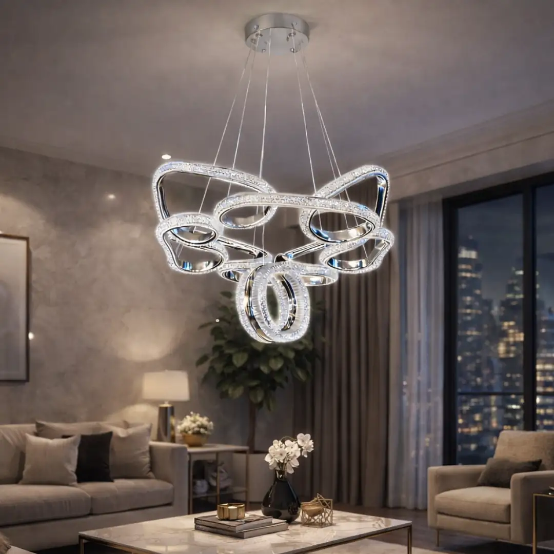 Porto Lüks Cristalya Serisi Orjinal Krom Kaplamalı 3 Renk Ledli Sarkıt Ledli Avize Modern LED Avize-Çap 45 cm