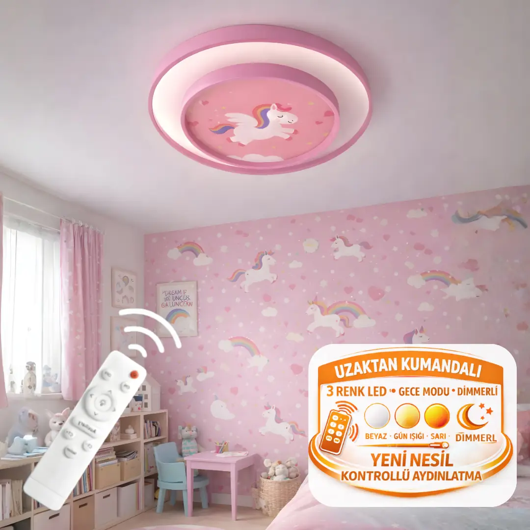 Unicorn 40'lık 2 Katlı Modern Tasarım Uzaktan Kumandalı Dimmerli Gece Modlu 3 Renk Ledli Plafonyer Ledli Avize Çocuk Odası Avizesi-Çap 40 cm