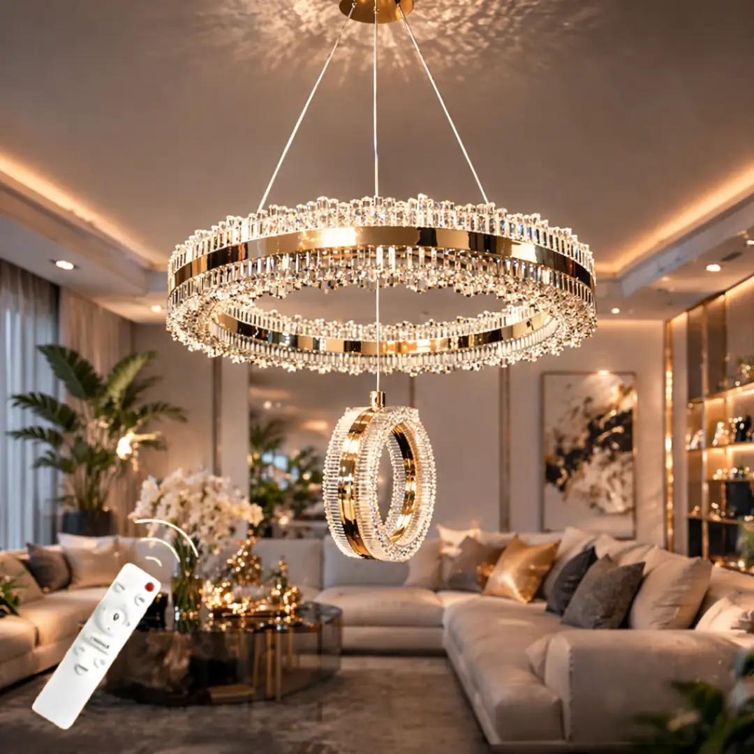 Zerafet Lüks Gold Kaplamalı Çift Yönlü Aydınlatmalı Kumandalı Dimmerli 3 Renk Ledli Avize LED Avize- Çap 40 cm