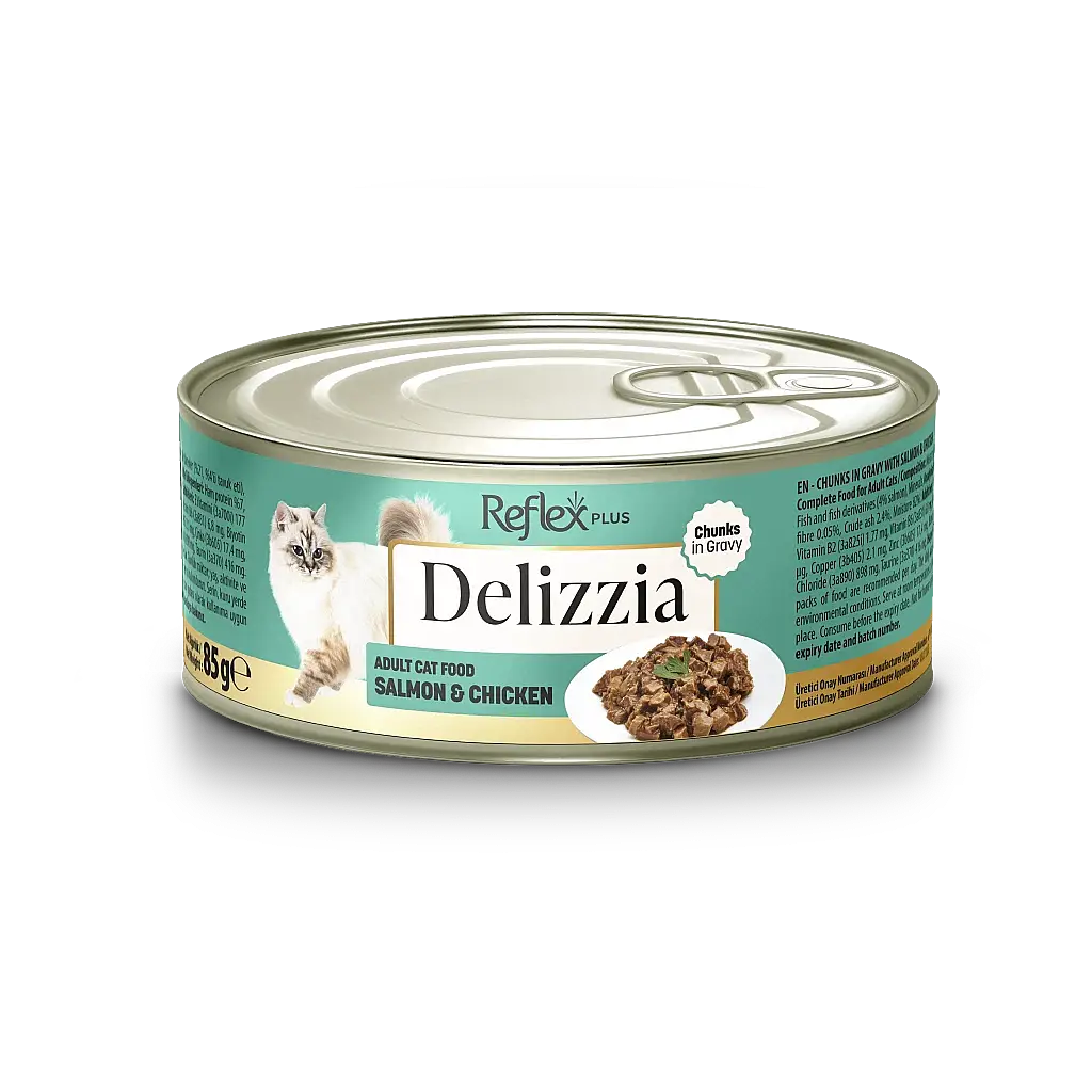 Reflex Plus Delizzia Sos İçinde Somonlu ve Tavuklu Parça Etli Yetişkin Kedi Konservesi 85 gr