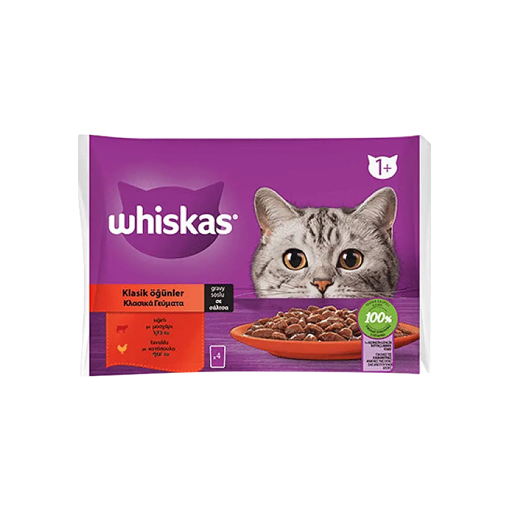 Whiskas Pouch Sos İçinde Sığırlı ve Tavuklu Yetişkin Kedi Konservesi 85 gr 4'lü
